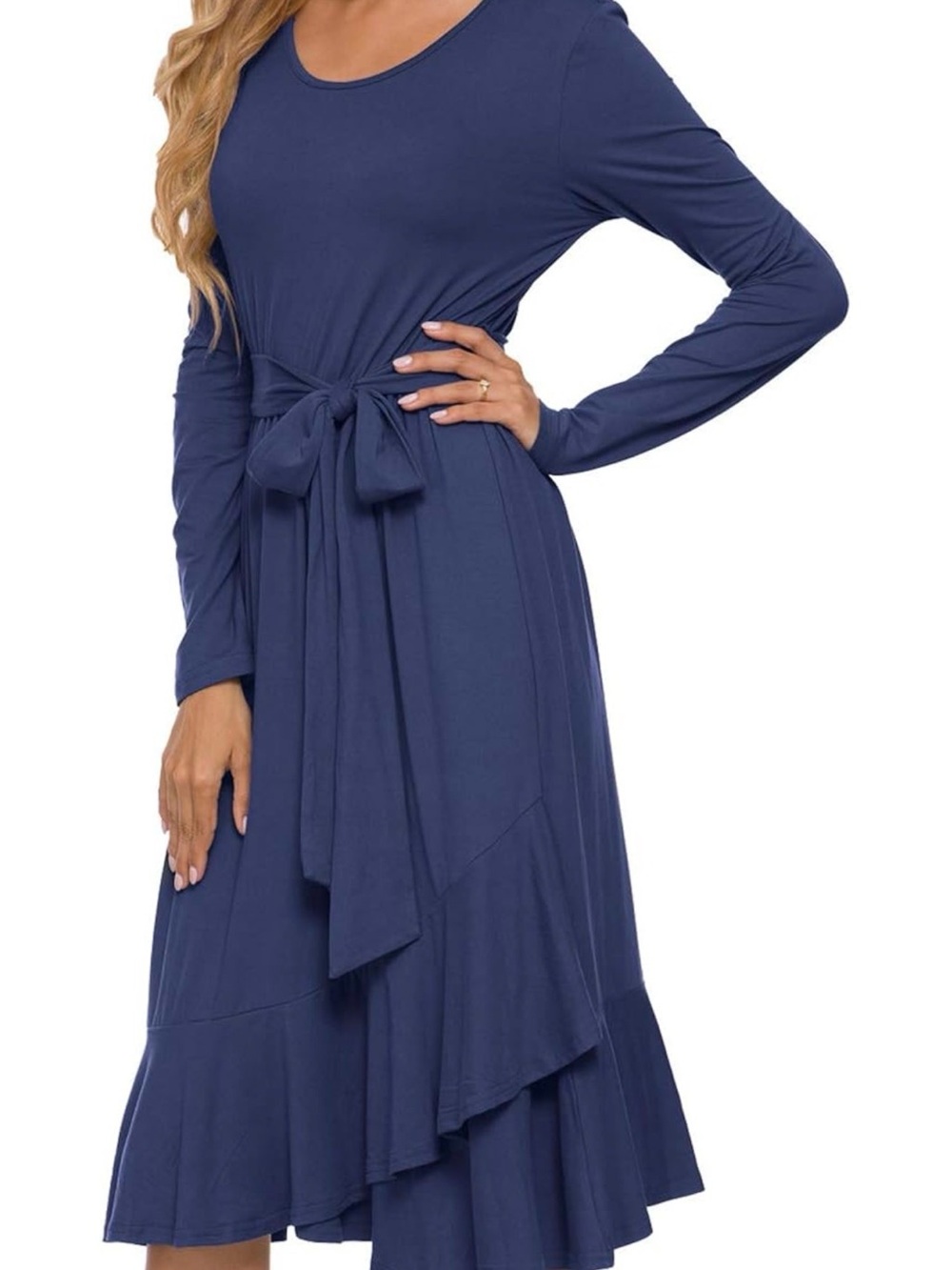 Long-Sleeve Navy Tie-Waist Midi Dress